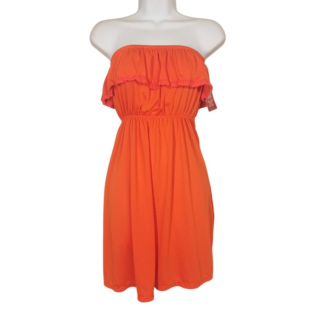 FADED GLORY Tunic Mini Dress M NWT Crochet Strapless Orange Flounce Ruffle